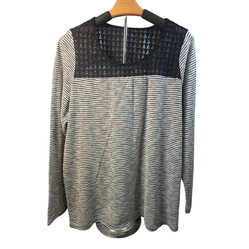 Lane‎ Bryant Striped Long Sleeve Top Black White Lace Yoke Plus Size 14/16